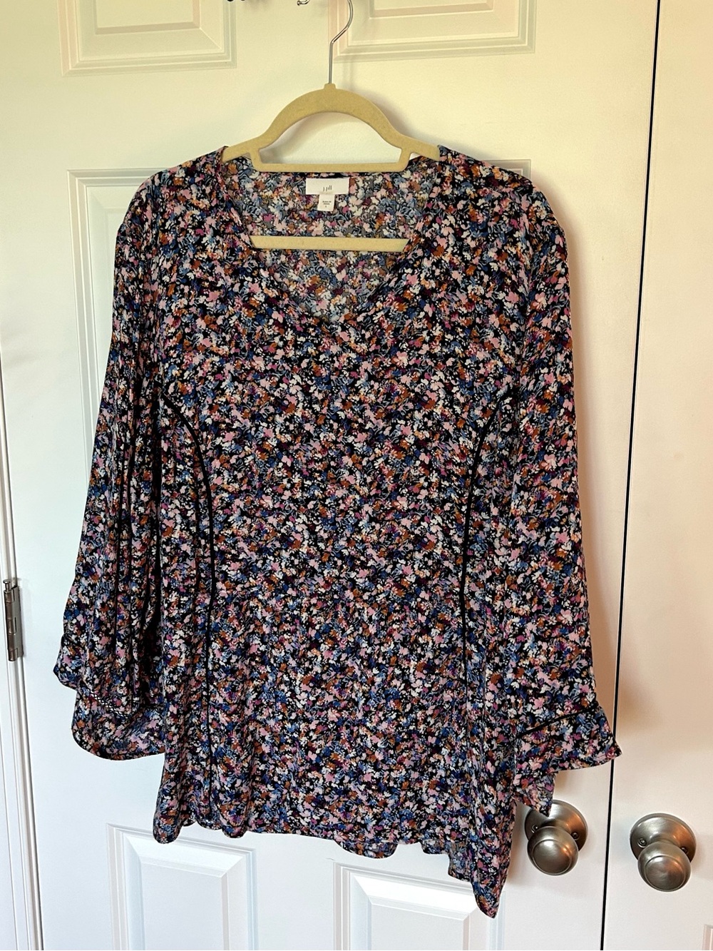 J. Jill Navy Multi Floral V-Neck Bell Sleeve Blouse